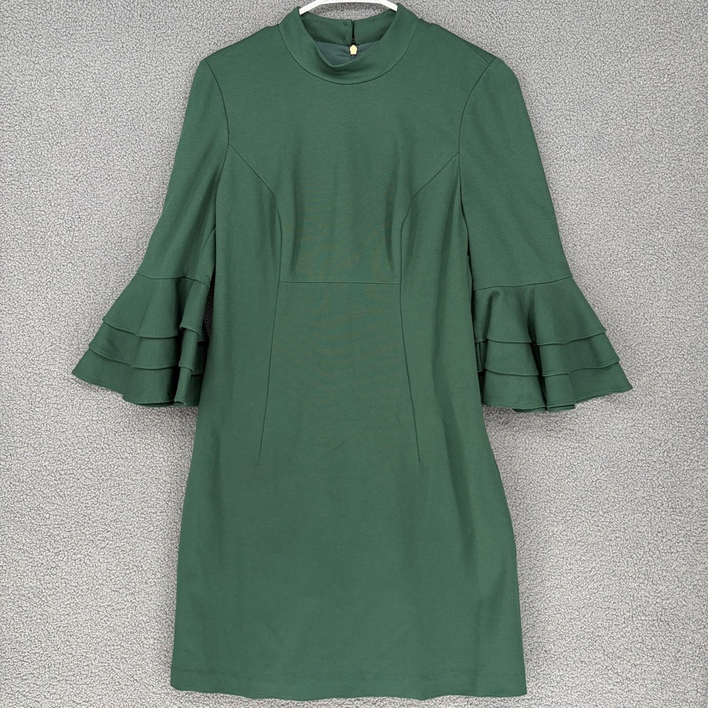 Trina Turk Green Mock Neck Tiered Ruffle Bell Sleeve Shift Dress Size 8